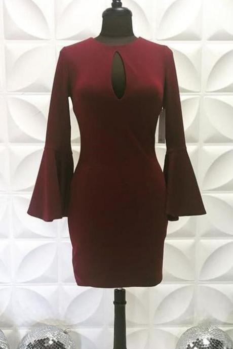 Jewel Neck Cutout Satin Burgundy Tight Short Homecoming Dress