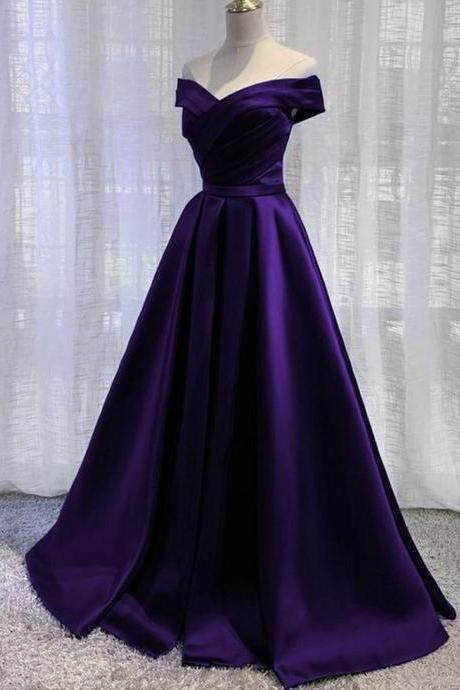 Simple Off Shoulder Satin Long Prom Dress, Dark Purple Party Dress Evening Gown
