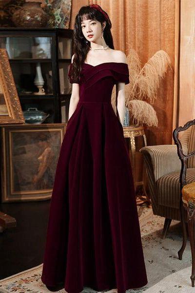 Dark Red Velvet Long Party Dress Prom Dress , A-line Formal Dresses Evening Dresses