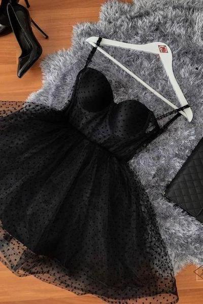 Black polka dot Tulle strapless corset short dress Homecoming Dress