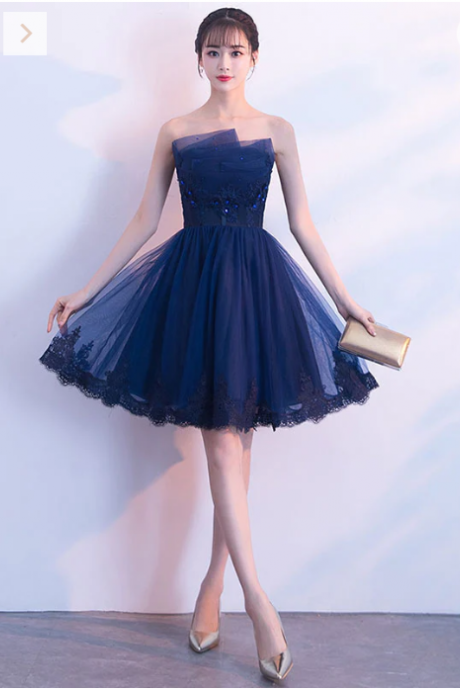 Cute dark blue tulle lace short prom dress, homecoming dress
