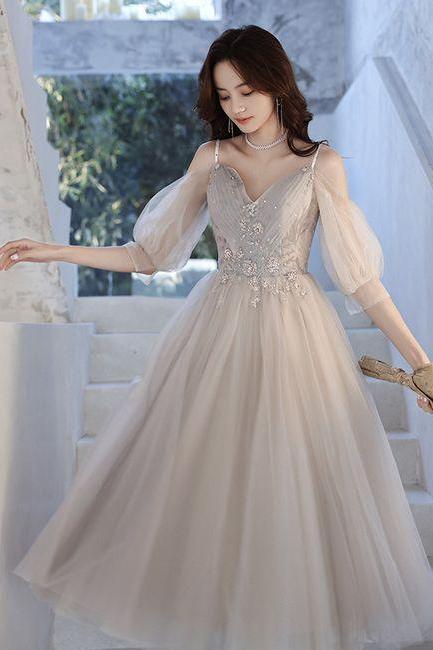 Cute tulle lace A line prom dress lace evening dress