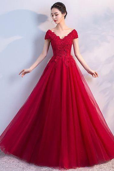 Burgundy v neck tulle lace long prom dress, evening dress