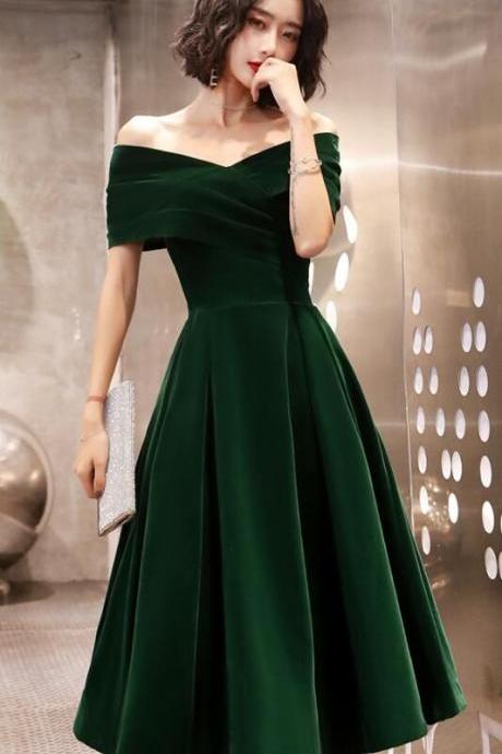 Green Velvet Tea Length Bridesmaid Dress, Green Prom Dress