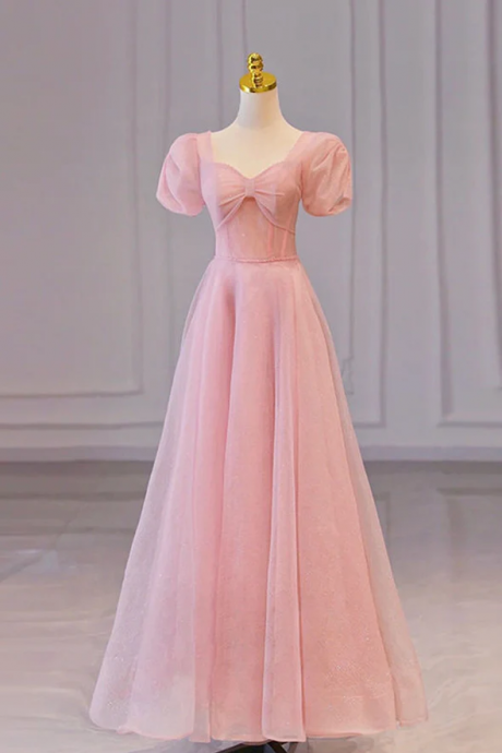 Pink tulle long A line prom dress pink evening dress