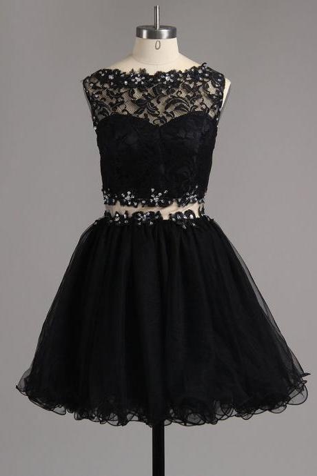 Bateau Neck Black Beaded Homecoming Dress, Illusion Two Piece Tulle Homecoming Dress, Sexy See-through Lace Short Homecoming Dress