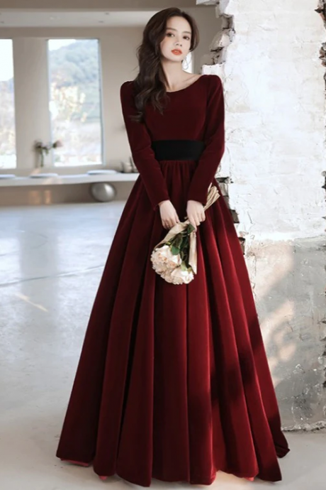 Wine Red Velvet Long Sleeves Fashionable Long Wedding Party Dress, Burgundy Long Formal Dress Prom Dress