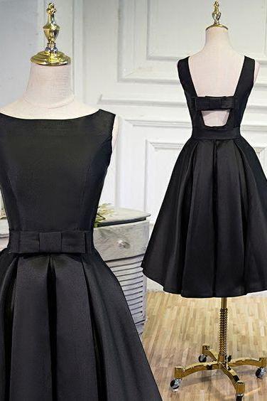Simple black satin short dress,party dresses