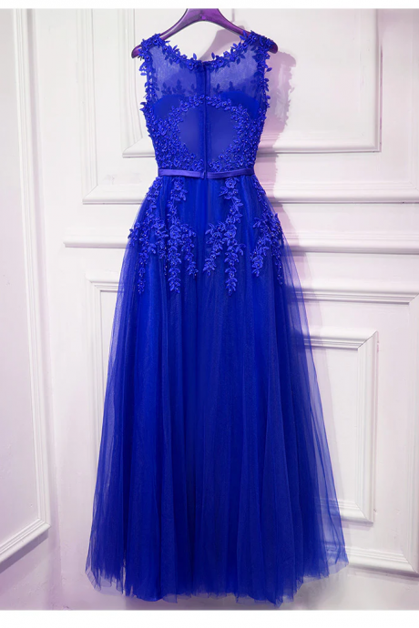 Beautiful Royal Blue Tulle Beaded Long Party Dress, Blue Prom Dress