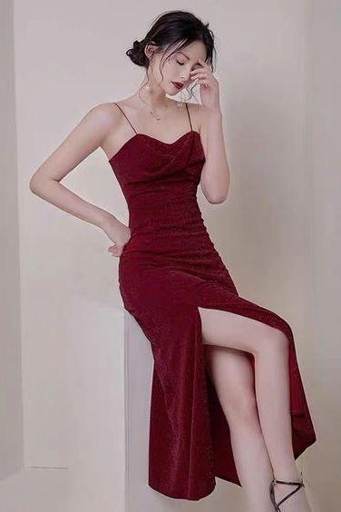 Red Prom Dress Spaghetti Party Dress V-neck Evening Dress Sexy Slit Party Dress