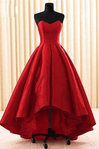 Red Sweetheart Satin Short Front Long Back A Line High Low Prom Dress 073