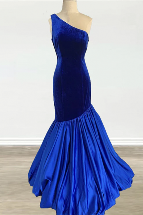 Royal-Blue One Shoulder Velvet Prom Dresses Mermaid Satin Ruffles 093