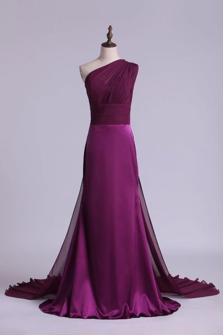 One Shoulder Ruffles Sweep Evening Dresses Side Ziper 107