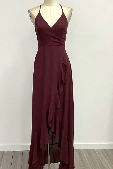 Burgundy High Low Bohemian Style Open Back Party Dress 354