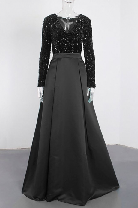 Black Sequin Satin Patchwork A Line Floor Length Maxi Prom Dresses 418