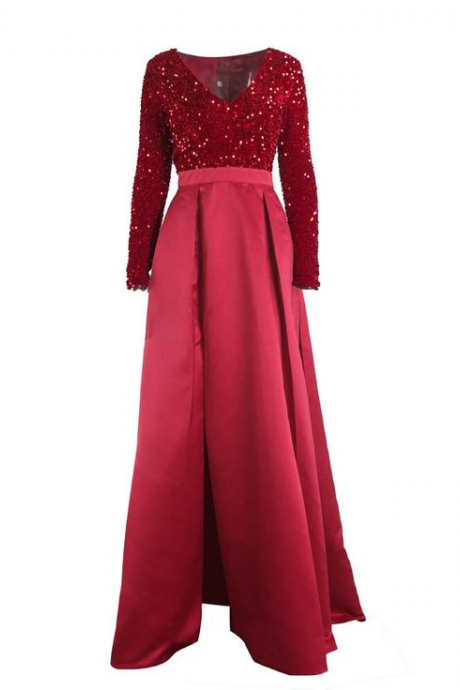 Red Sequins Satin Patchwork A Line Floor Length Maxi Prom Dresses 420