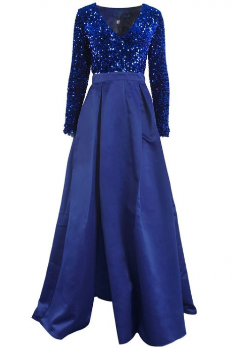 Blue Sequins Satin Patchwork A Line Floor Length Maxi Prom Dresses 421