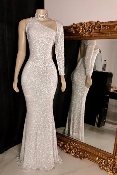 One-Shoulder Long Sleeves Sequins Mermaid Prom Gowns 422