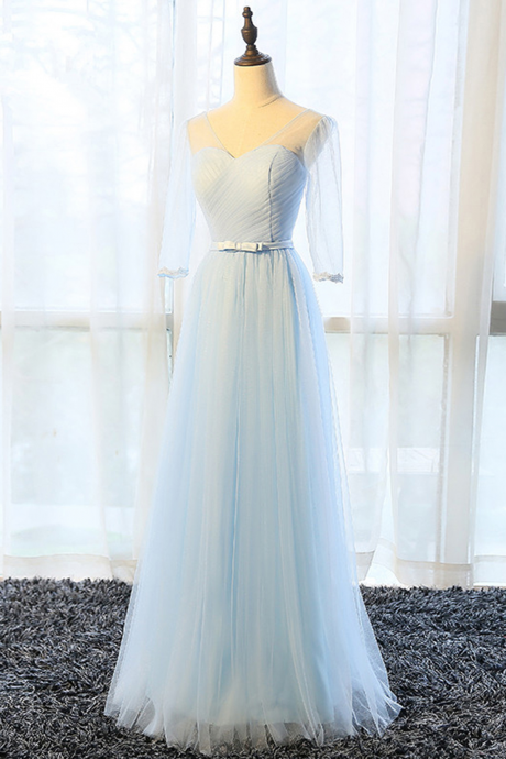Simple V Neck Tulle Long Senior Prom Dress With Mid Sleeves 423