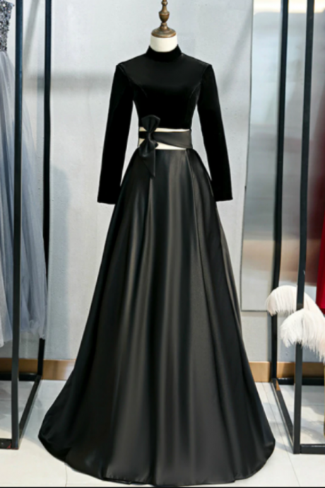 Black Satin Velvet Long Sleeves Cut Out Prom Dresses 429