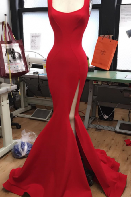 Red Long Mermaid Slit Prom Dresses 432