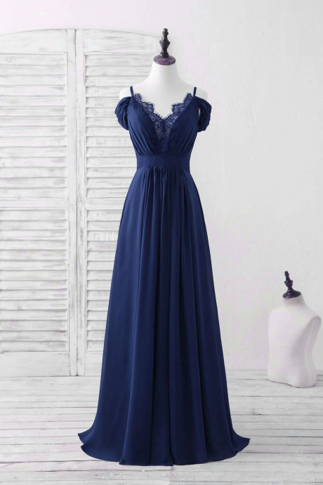 Navy Blue Spaghetti Straps Lace Chiffon A-line Long Prom Dress 441