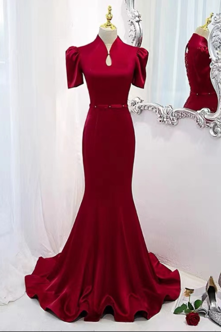 Elegant Red Satin Short Sleeves Mermaid Long Prom Dresses 548