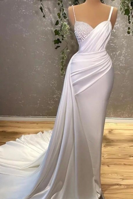 Modern White Spaghetti-Straps Pearl Mermaid Long Prom Dresses 565