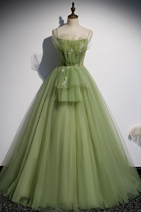 Beautiful Light Green Spaghetti Straps Tulle A Line Floor Length Prom Gowns 848