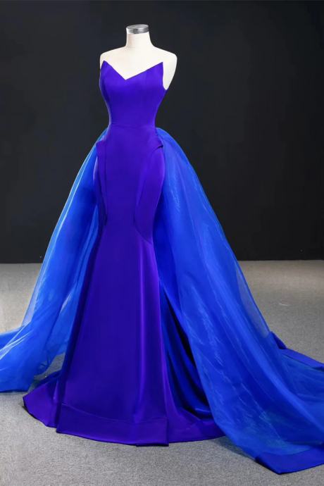 Gorgeous Royal Blue Satin Organza Mermaid Long Promn Dress Evening Dress 877