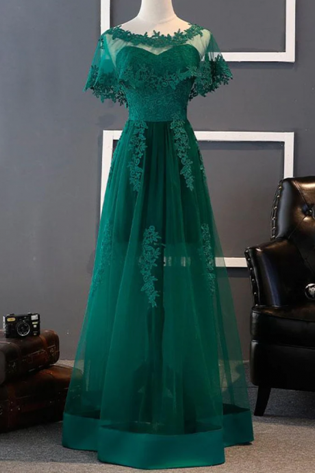 Elegant Green Tulle Lace A Line Long Prom Dress 894
