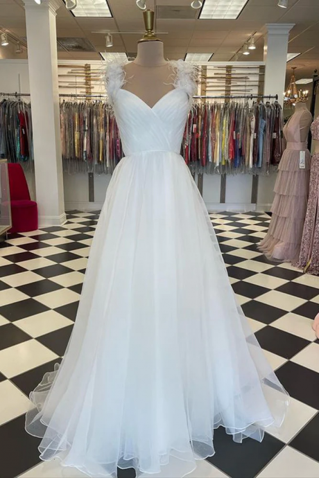 Beautiful White Sweetheart Neckline A-Line Long Tulle Prom Dress 939