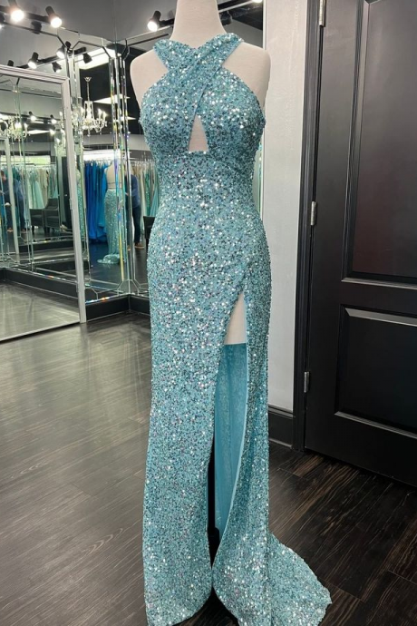 Sexy Cross Front Sequin Slit Mermaid Long Formal Prom Dress 942
