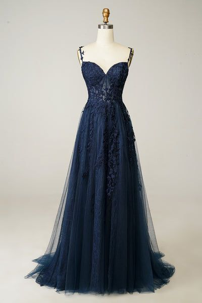A Line Spaghetti Straps Navy Blue Tulle Appliques Prom Dress 953