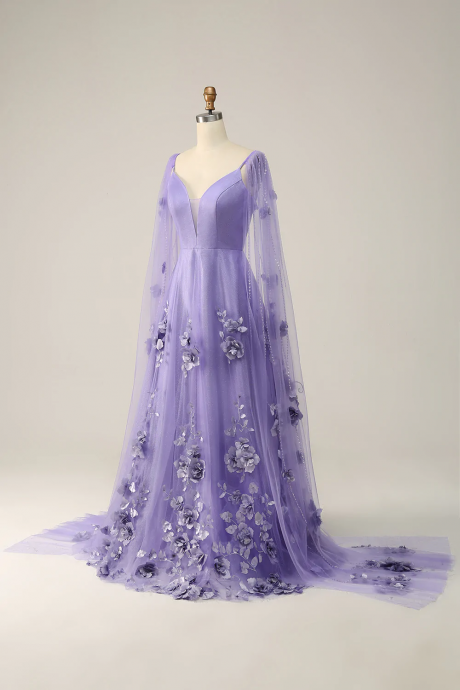 Elegant Purple Satin Tulle Long Prom Dress With Flowers 974