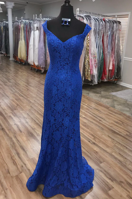 Elegant V Neck Mermaid Royal Blue Long Lace Prom Dress A072