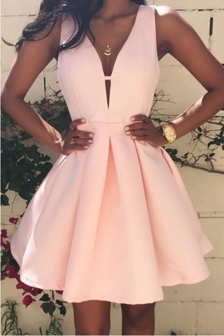 Pink Prom Dress,Deep V Neck Prom Dress,A Line Prom Dress,Bridesmaid Prom Dress, Cheap Party Dress, 2017 Evening Dress