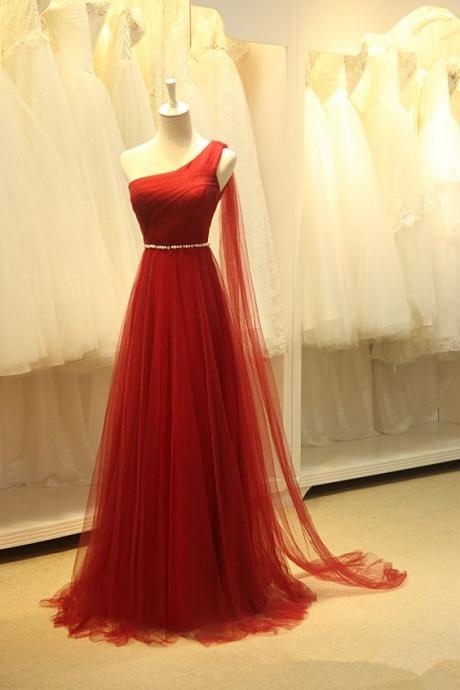 Red Beaded Prom Dress,One Shoulder Prom Dress,A Line Prom Dress,Illusion Prom Dress, Cheap Party Dress, 2017 Evening Dress