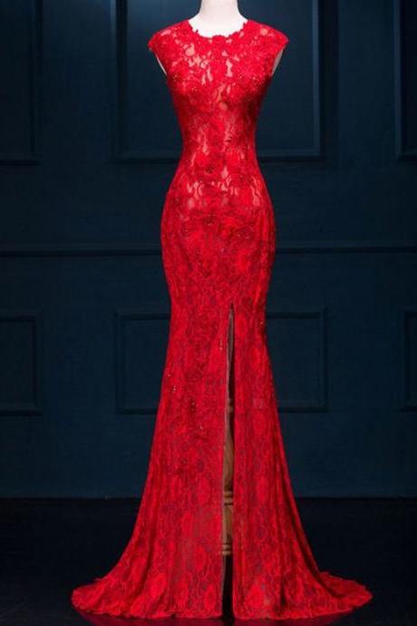 Red Prom Dress,Lace Prom Dress,Split Prom Dress,Fashion Prom Dress,Sexy Party Dress, New Style Evening Dress