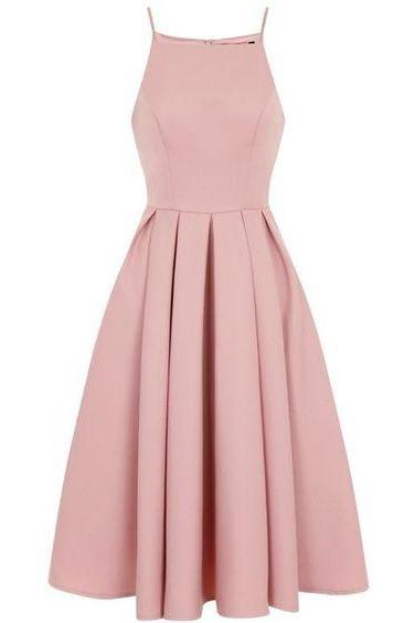 Pink Midi Pleated Skater Dress Featuring Halter Neck and Spaghetti Straps 