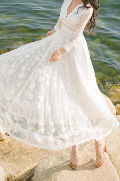 Lace Prom Dress,White Prom Dress,Long Sleeve Prom Dress,Fashion Prom Dress,Sexy Party Dress, New Style Evening Dress