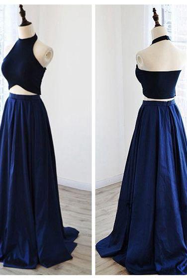Navy Blue Prom Dress,Two Pieces Prom Dress,Halter Prom Dress,Fashion Prom Dress,Sexy Party Dress, New Style Evening Dress