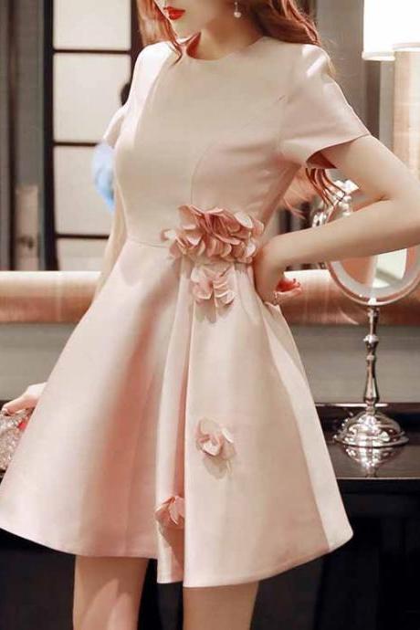 Floral Prom Dress,Short Sleeve Prom Dress,Satin Prom Dress,Fashion Homecoming Dress,Sexy Party Dress, New Style Evening DreA