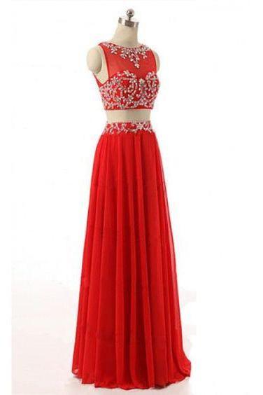 Red Prom Dress,Beaded Prom Dress,Two Pieces Prom Dress,Fashion Prom Dress,Sexy Party Dress, New Style Evening Dress