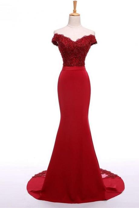 Red Off-The-Shoulder Lace Appliqués Mermaid Long Prom Dress, Evening Dress