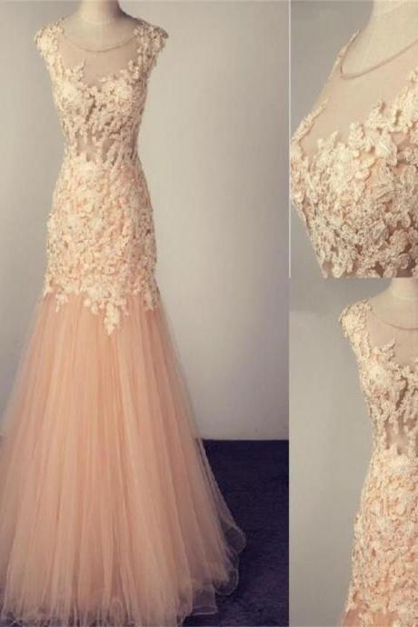 Scoop Prom Dress,Tulle Prom Dress With Lace Appliques,Fashion Prom Dress,Sexy Party Dress,Custom Made Evening Dress