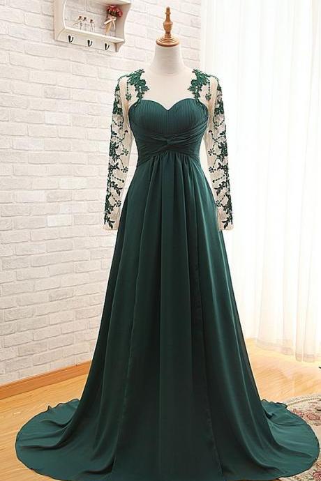 Green Prom Dress,Lace Long Sleeve Prom Dress,Fashion Prom Dress,Sexy Party Dress,Custom Made Evening Dress