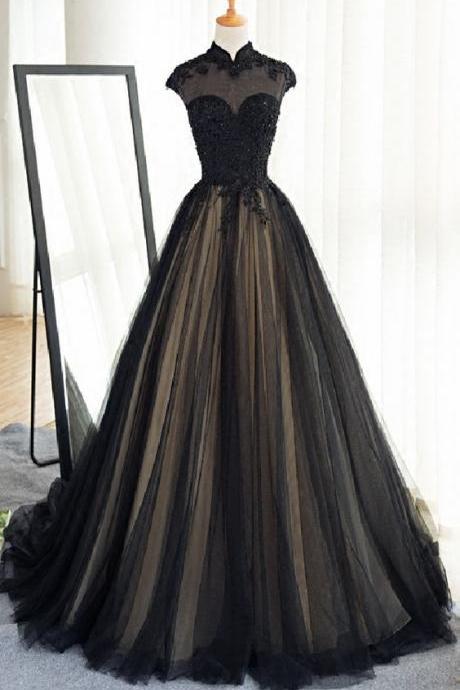 Black High Collar Prom Dress,A Line Lace Prom Dress,Fashion Prom Dress,Sexy Party Dress,Custom Made Evening Dress