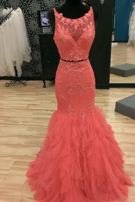 Two Pieces Prom Dress,Tulle Prom Dress,Fashion Prom Dress,Sexy Party Dress,Custom Made Evening Dress