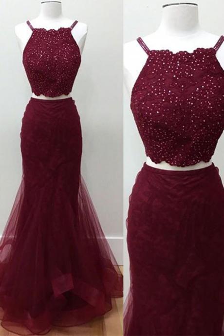 Crimson tulle two pieces sequins long dress,Fashion Prom Dress,Sexy Party Dress,Custom Made Evening Dress